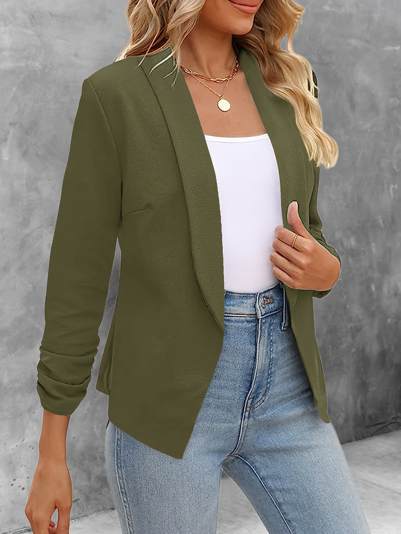solid color open front blazer elegant lapel ruched sleeve blazer for office work womens clothing details 6