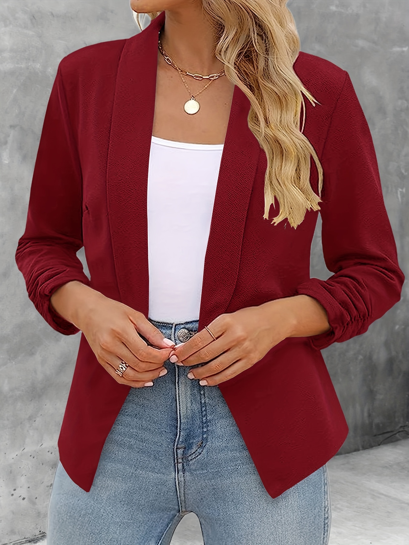 solid color open front blazer elegant lapel ruched sleeve blazer for office work womens clothing details 7
