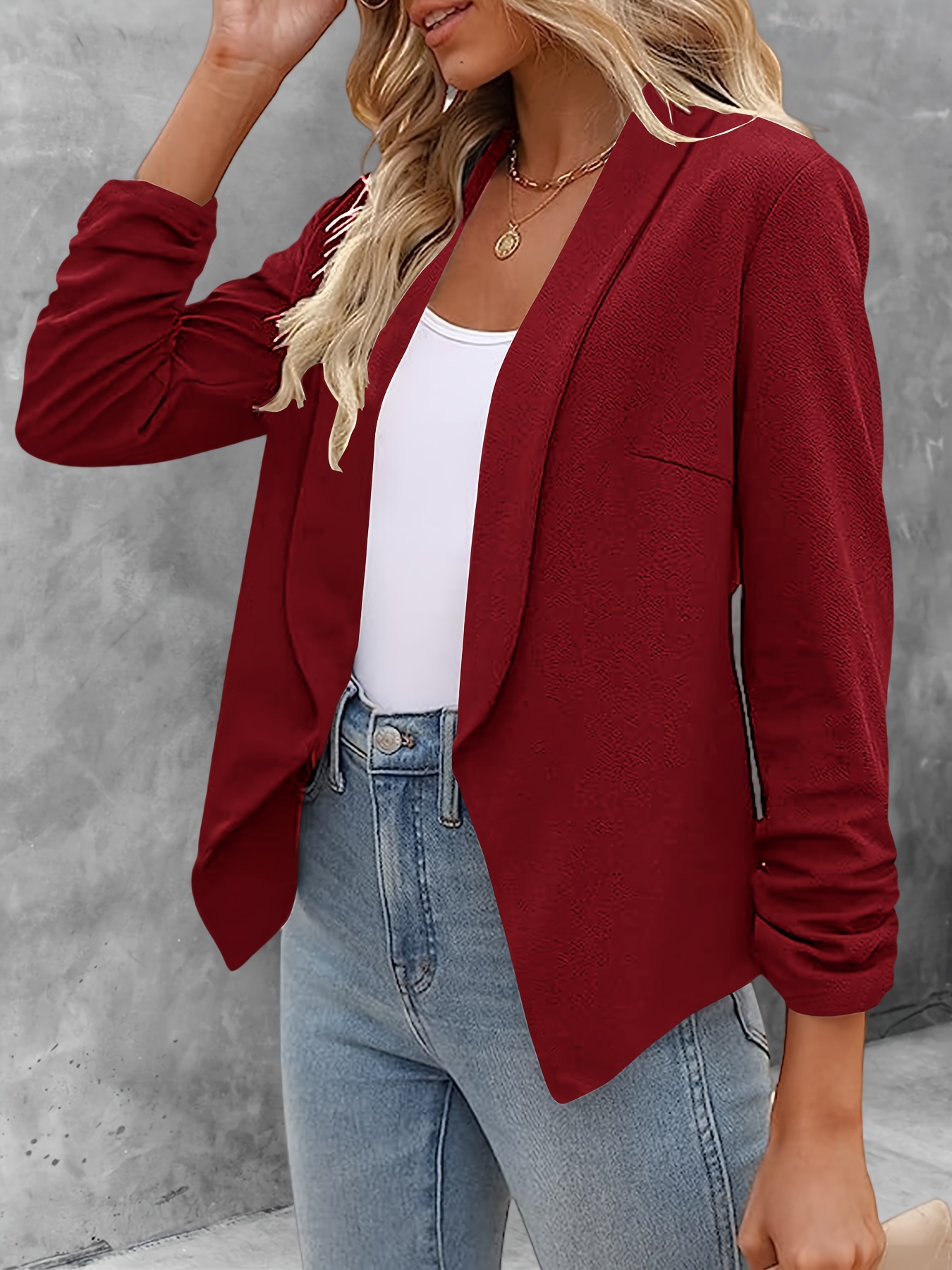 solid color open front blazer elegant lapel ruched sleeve blazer for office work womens clothing details 8