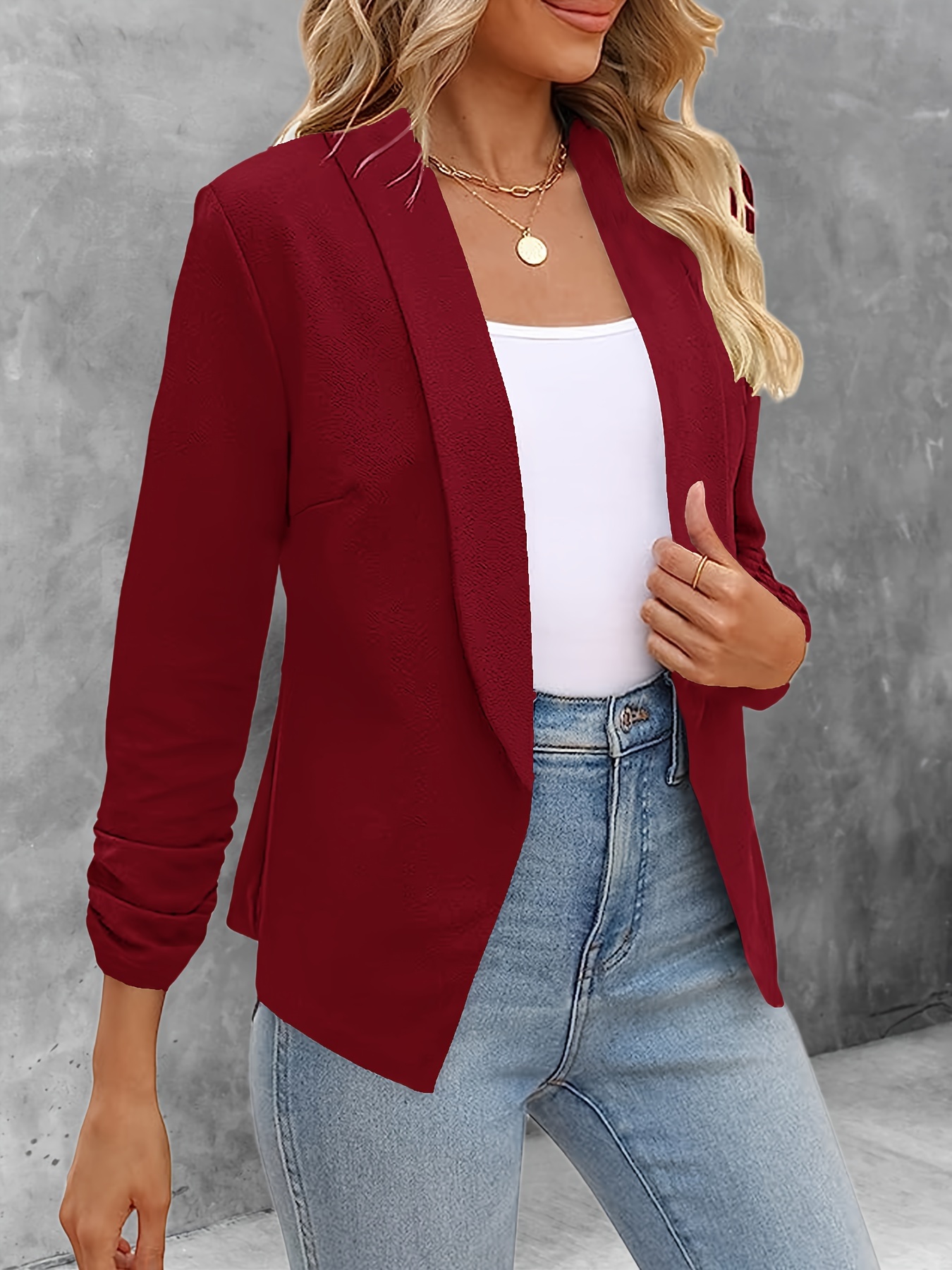 solid color open front blazer elegant lapel ruched sleeve blazer for office work womens clothing details 10