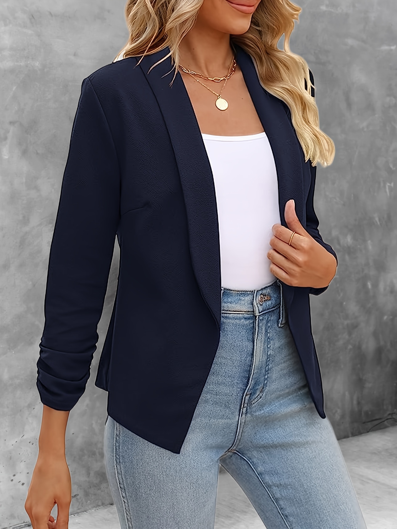 solid color open front blazer elegant lapel ruched sleeve blazer for office work womens clothing details 13