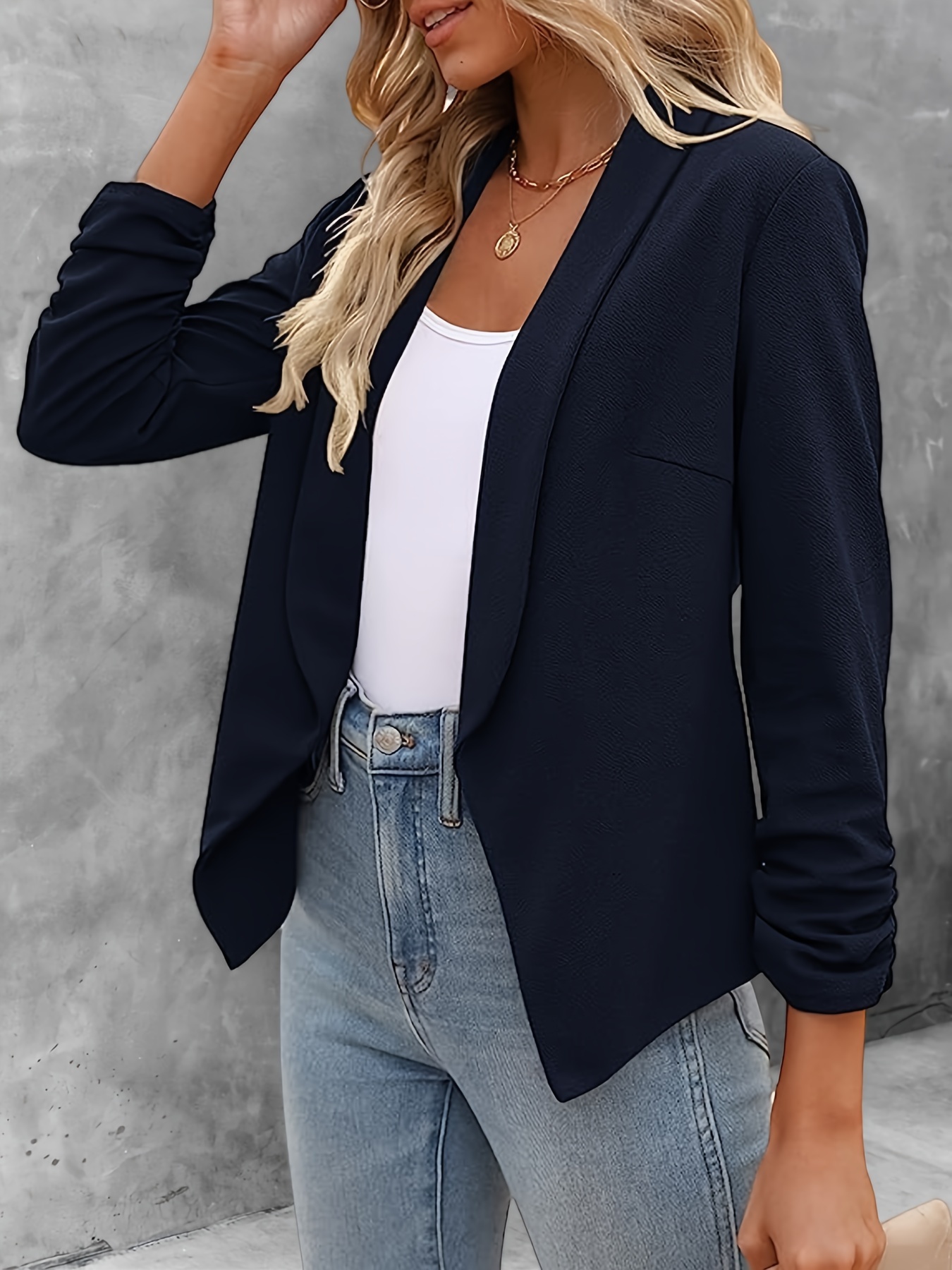 solid color open front blazer elegant lapel ruched sleeve blazer for office work womens clothing details 14