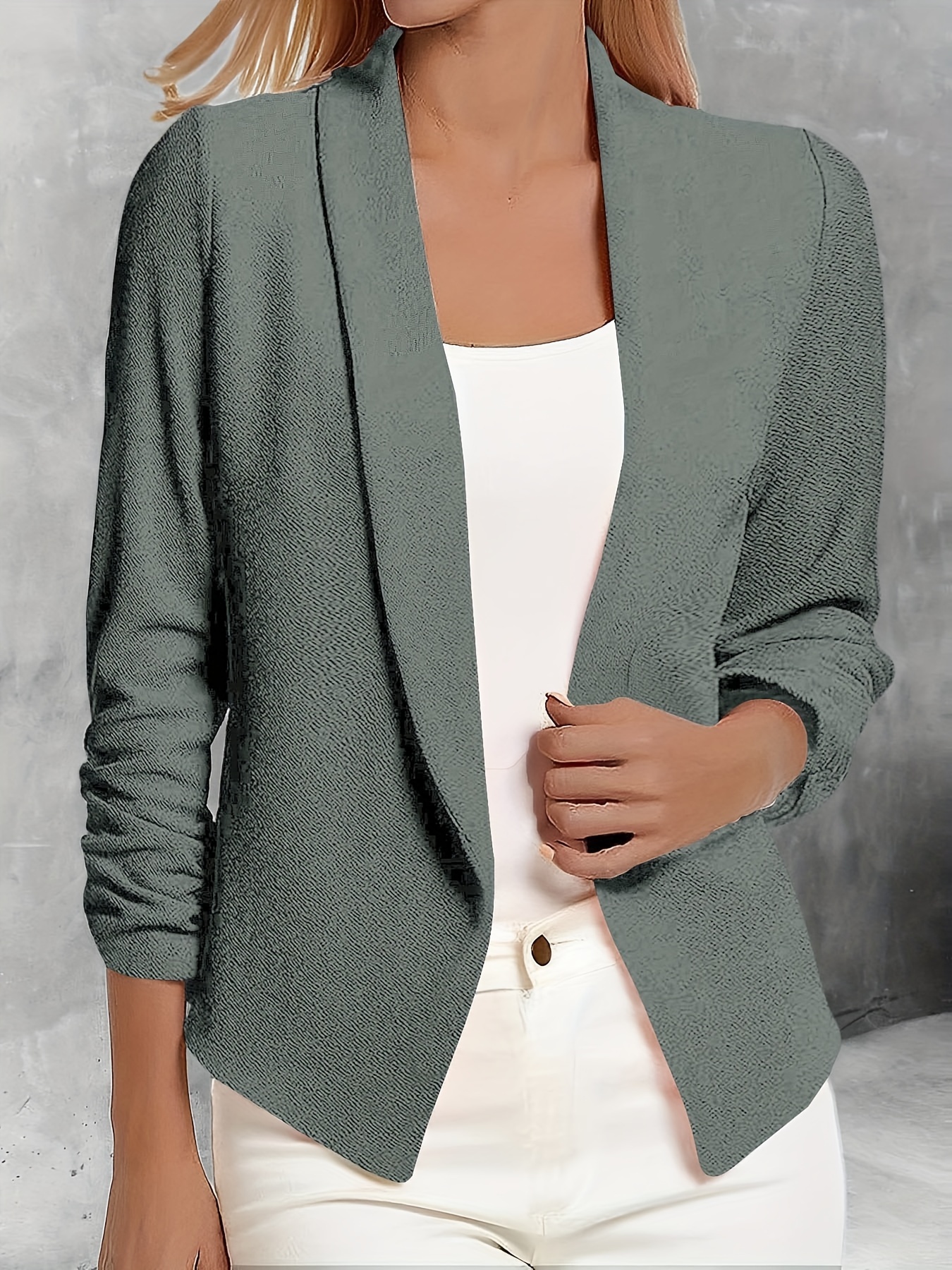 solid color open front blazer elegant lapel ruched sleeve blazer for office work womens clothing details 19