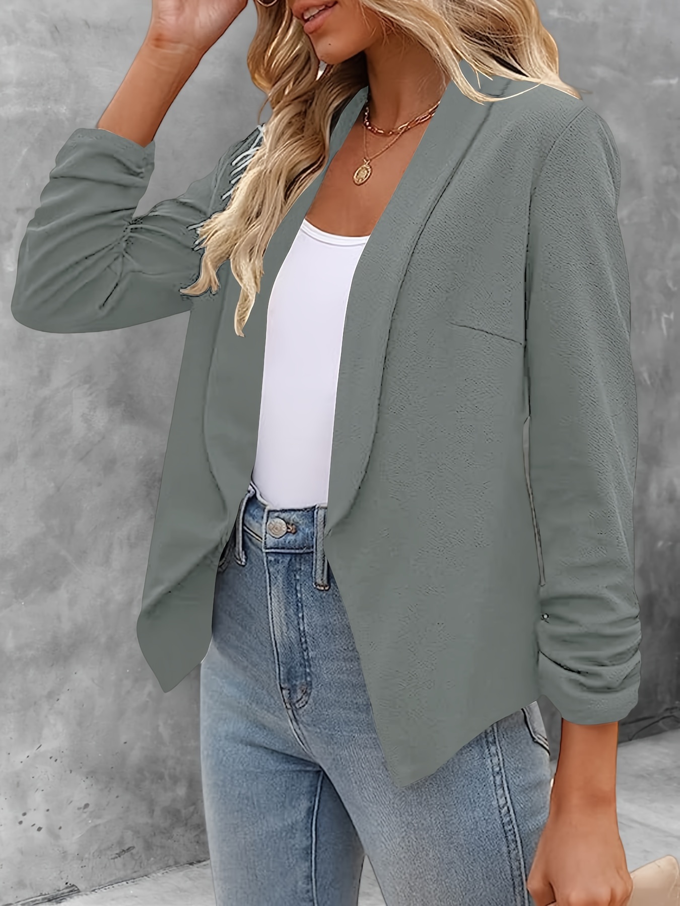 solid color open front blazer elegant lapel ruched sleeve blazer for office work womens clothing details 20