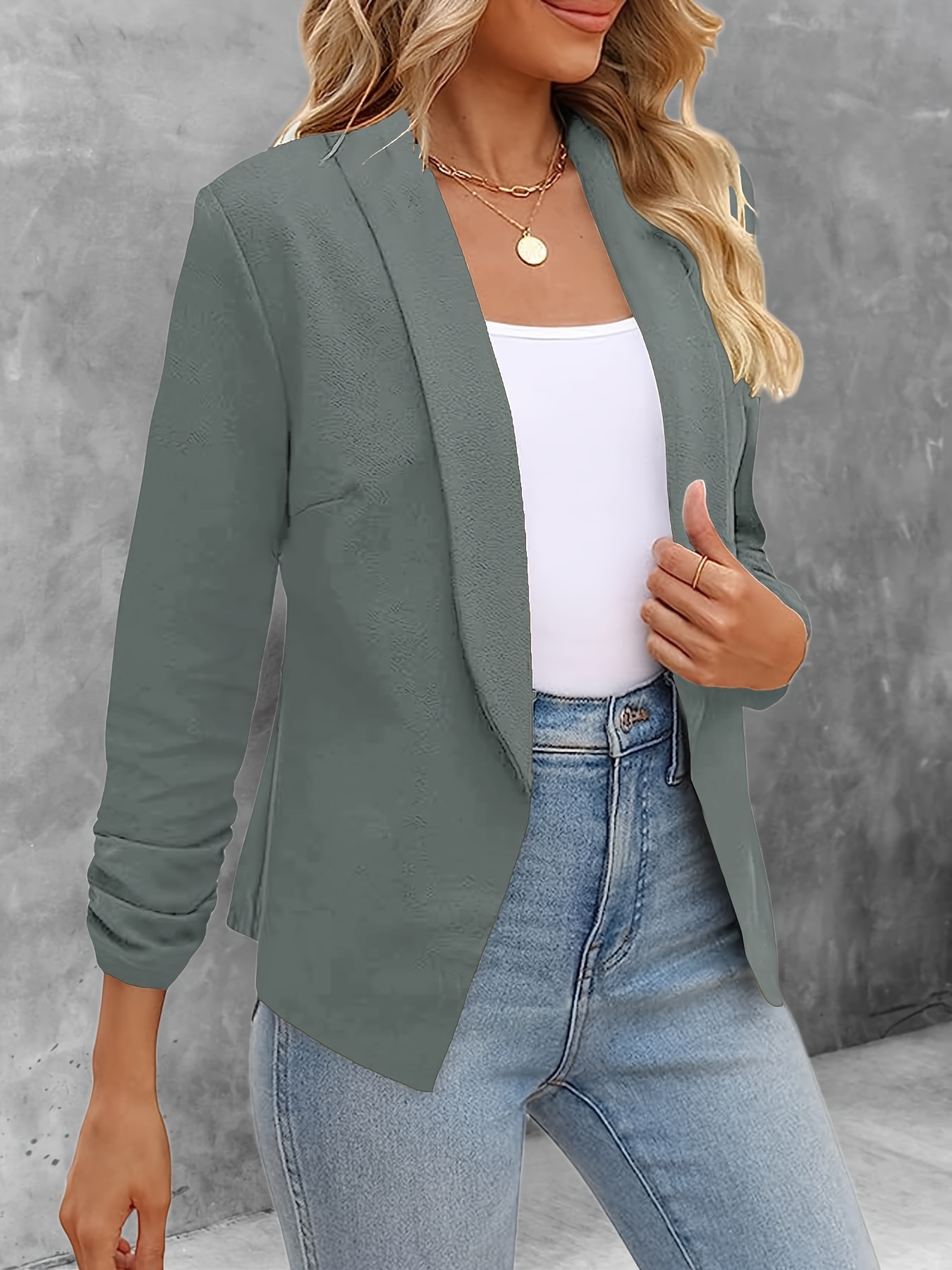 solid color open front blazer elegant lapel ruched sleeve blazer for office work womens clothing details 22