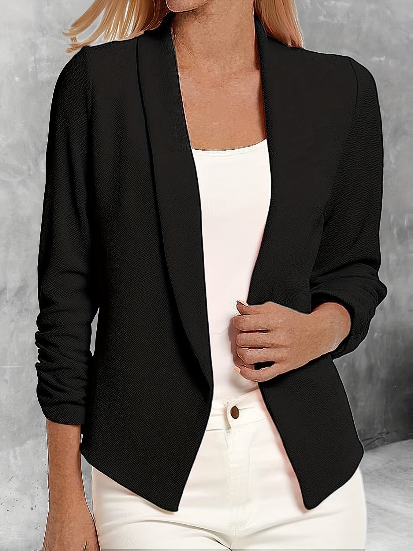 solid color open front blazer elegant lapel ruched sleeve blazer for office work womens clothing details 25