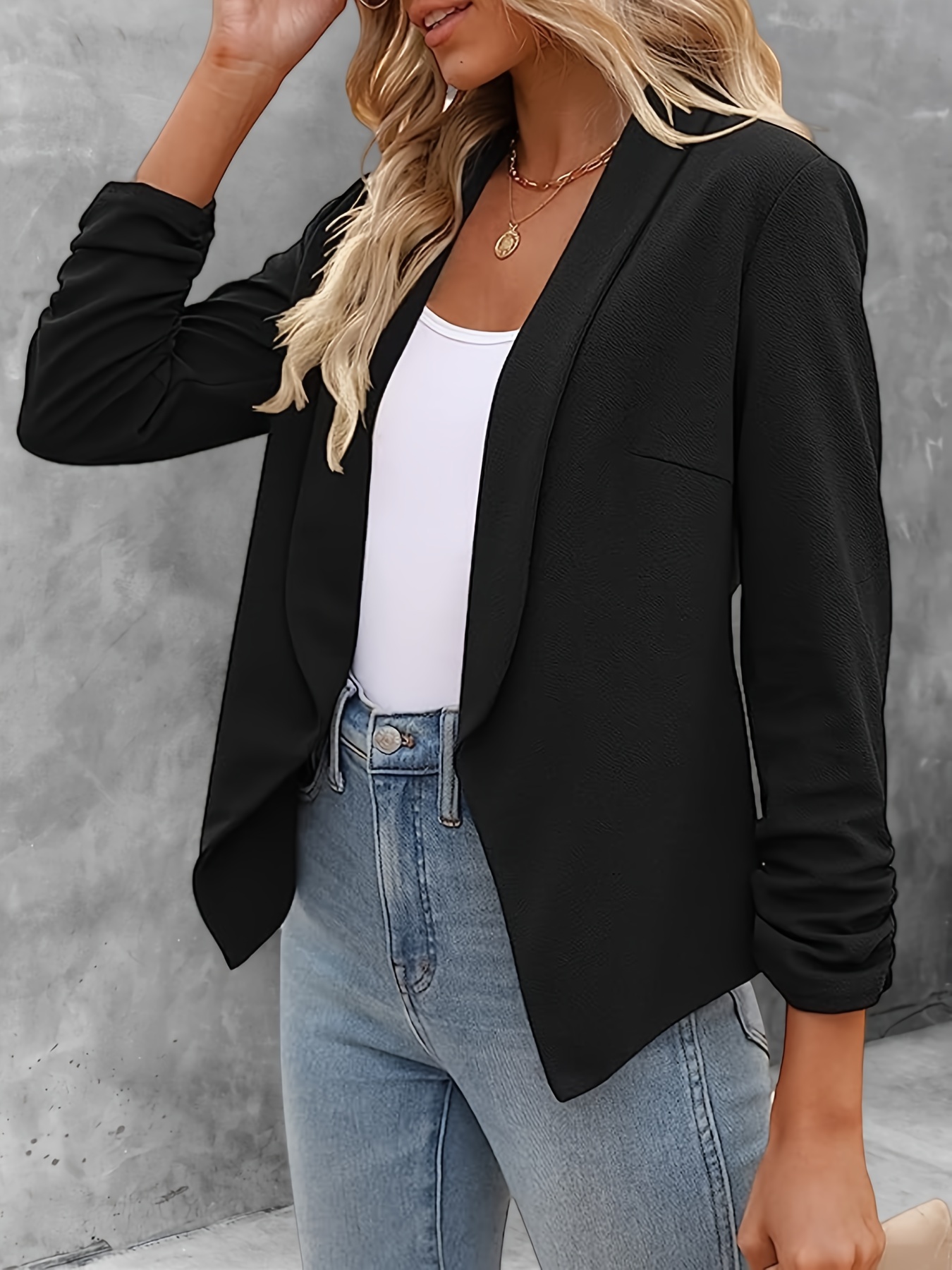 solid color open front blazer elegant lapel ruched sleeve blazer for office work womens clothing details 27