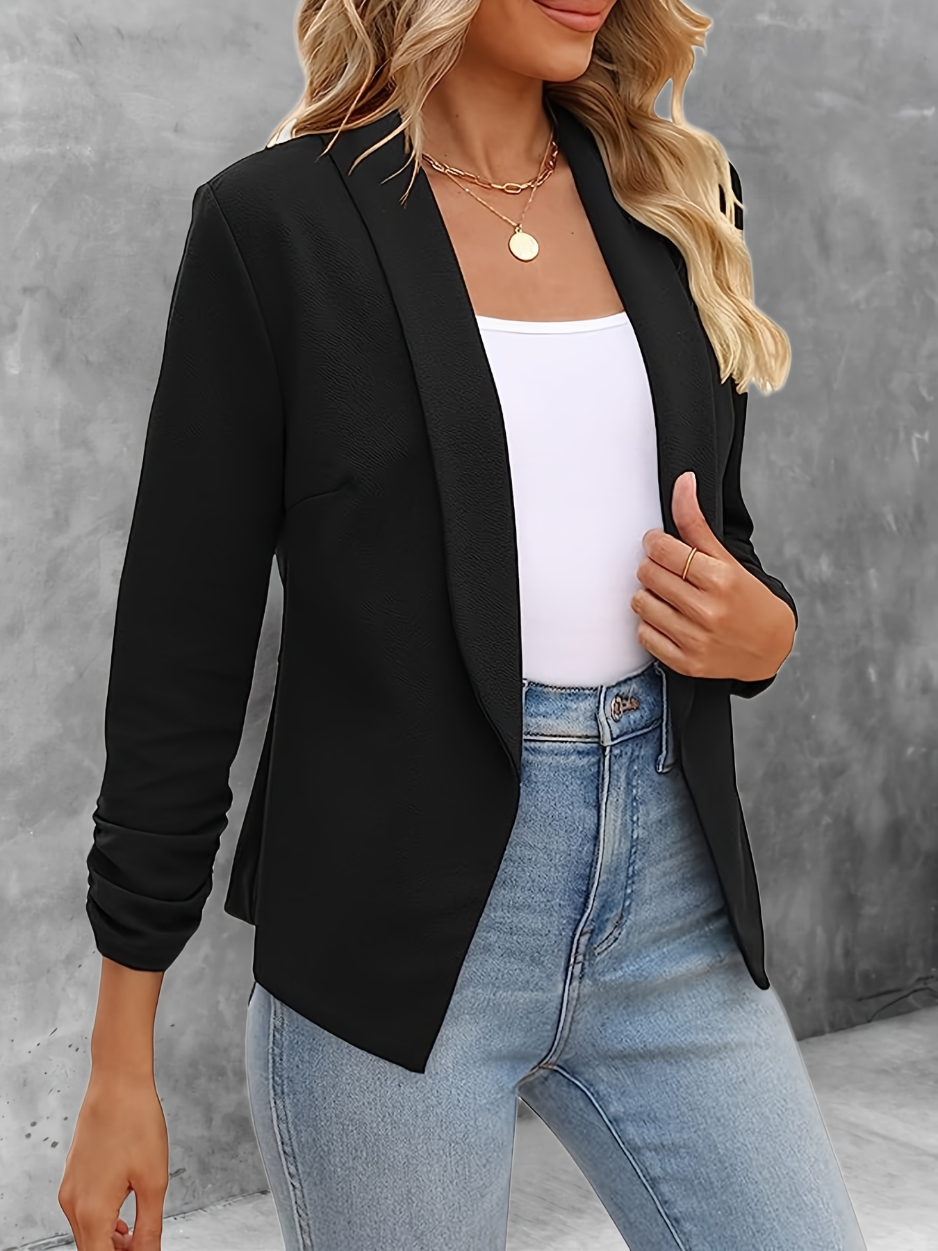 solid color open front blazer elegant lapel ruched sleeve blazer for office work womens clothing details 28
