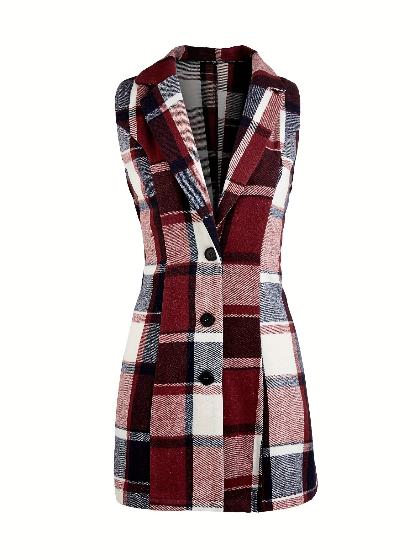 plaid sleeveless lapel blazer casual single breasted outerwear womens clothing details 0