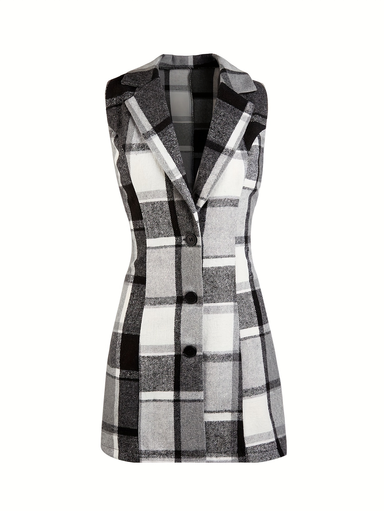 plaid sleeveless lapel blazer casual single breasted outerwear womens clothing details 5