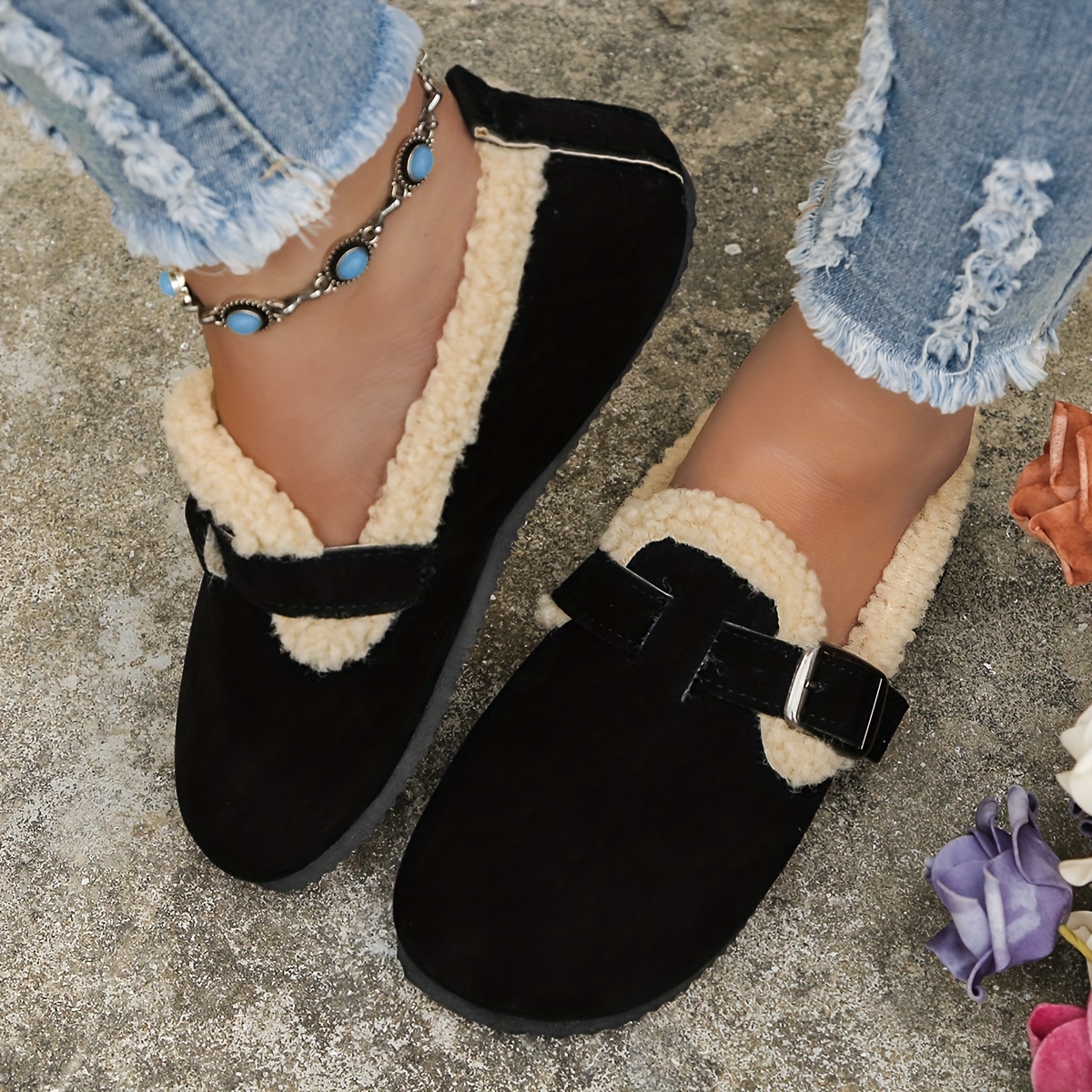 womens solid color fuzzy mules slip on soft sole flat warm lined shoes plush round toe fluffy shoes details 1