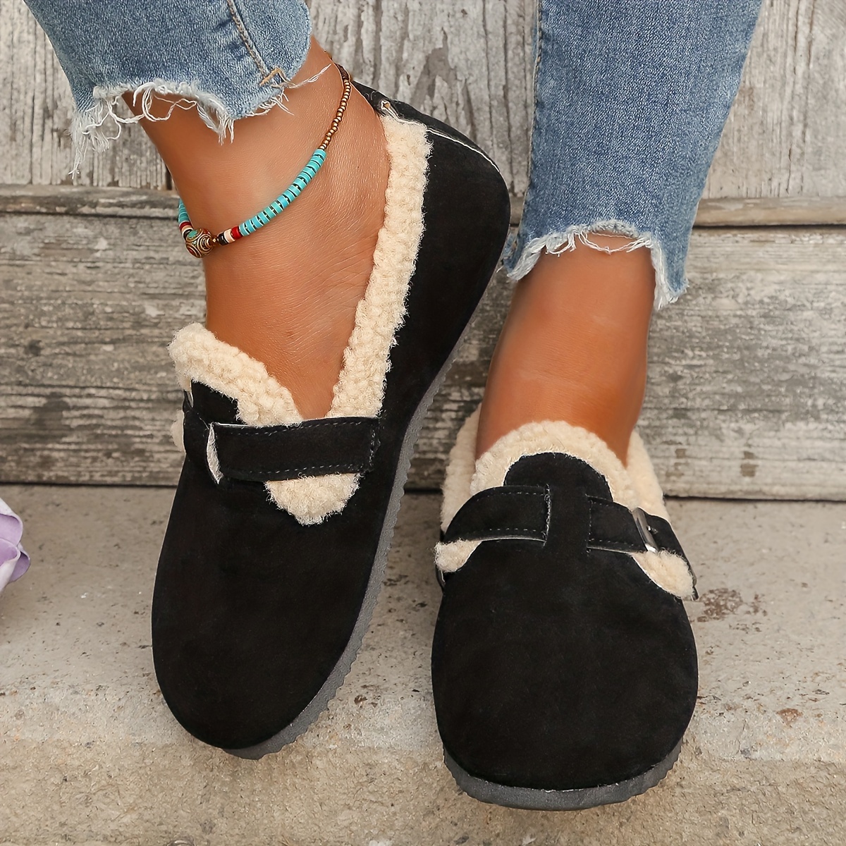 womens solid color fuzzy mules slip on soft sole flat warm lined shoes plush round toe fluffy shoes details 3