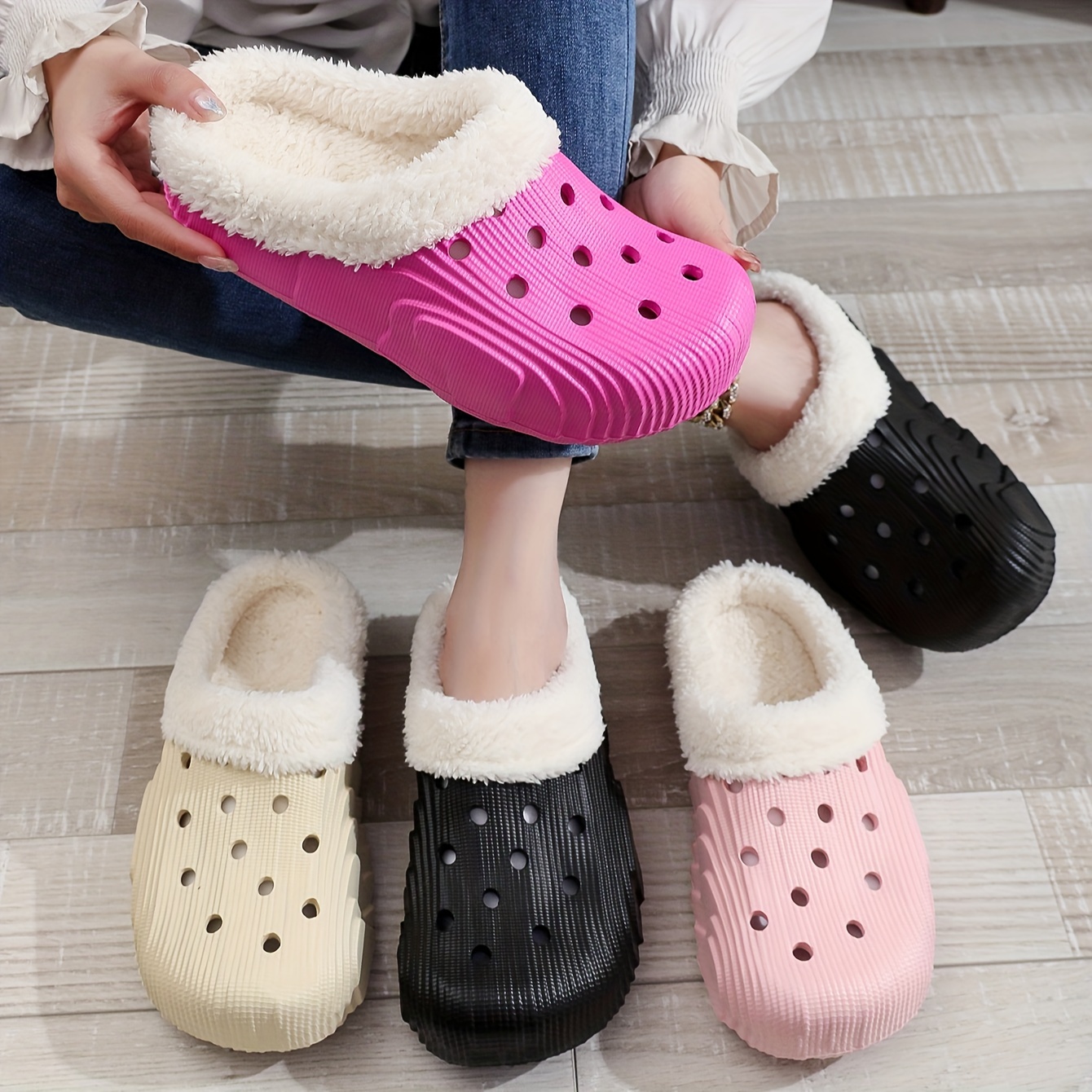 winter plush lined clogs solid color hollow out closed toe slip on shoes cozy warm home slippers details 0