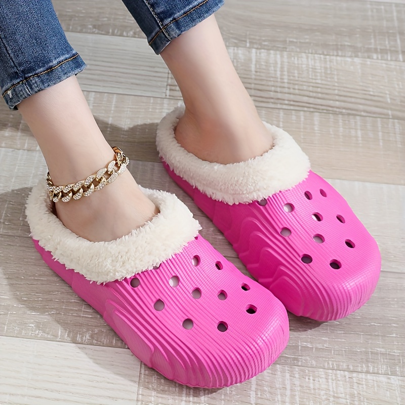 winter plush lined clogs solid color hollow out closed toe slip on shoes cozy warm home slippers details 2