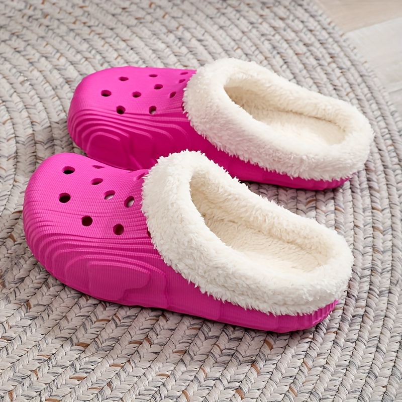 winter plush lined clogs solid color hollow out closed toe slip on shoes cozy warm home slippers details 6