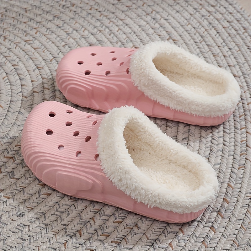 winter plush lined clogs solid color hollow out closed toe slip on shoes cozy warm home slippers details 7