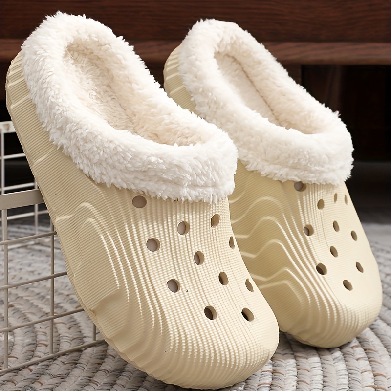 winter plush lined clogs solid color hollow out closed toe slip on shoes cozy warm home slippers details 8