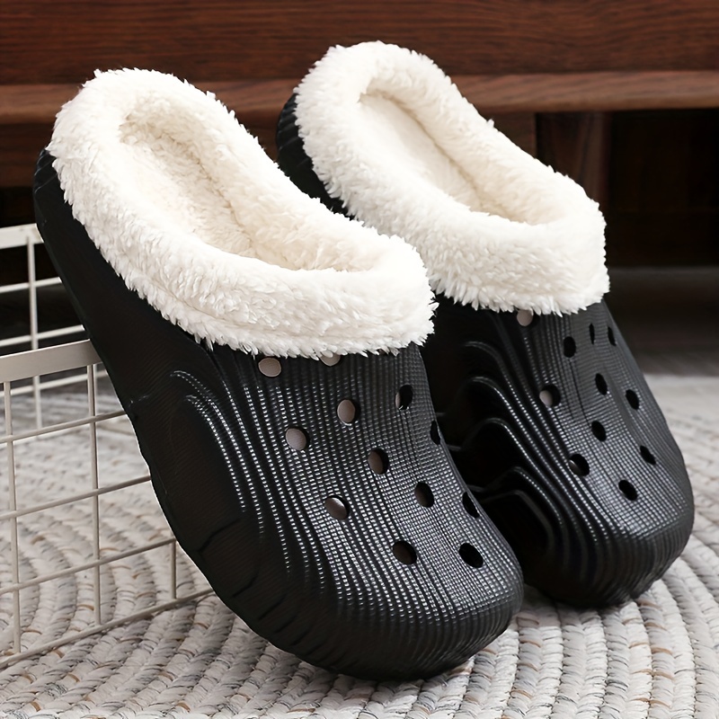 winter plush lined clogs solid color hollow out closed toe slip on shoes cozy warm home slippers details 9