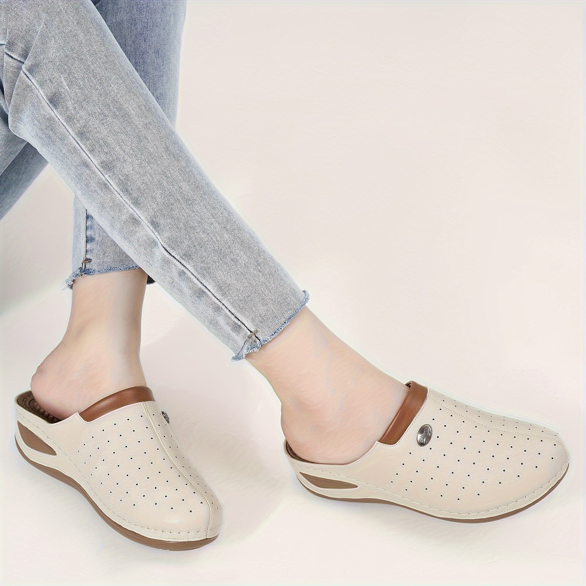 womens perforated wedge mules comfortable solid color slip on slide sandals casual outdoor slide shoes details 4