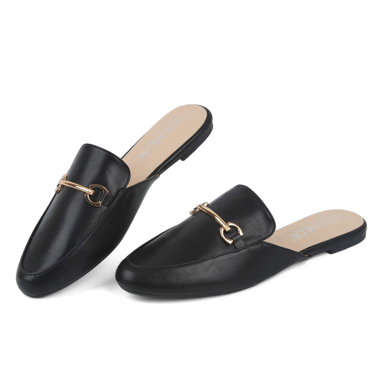womens metal buckle flat mules fashion solid color closed toe non slip slides shoes casual faux leather slippers details 3