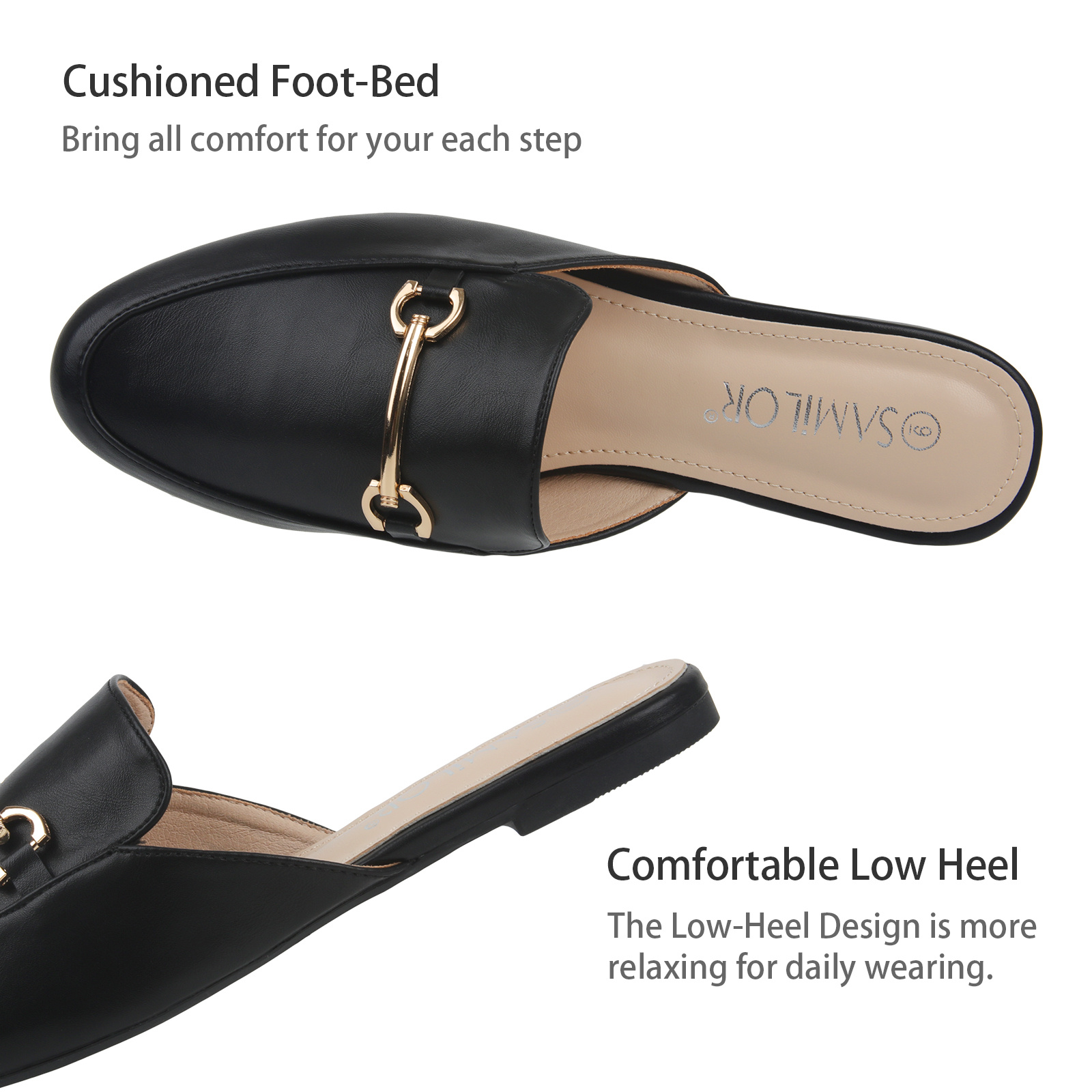 womens metal buckle flat mules fashion solid color closed toe non slip slides shoes casual faux leather slippers details 4
