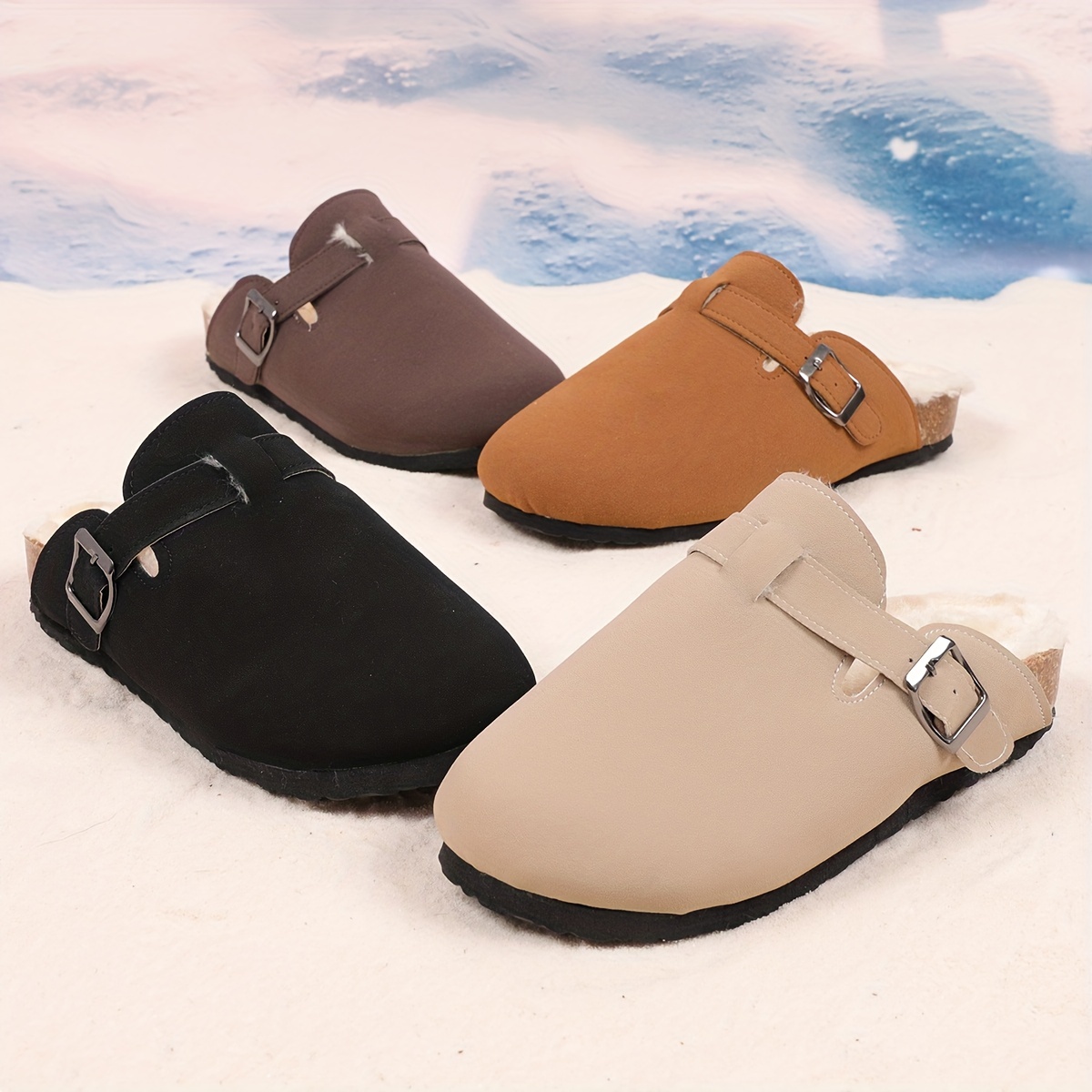 womens buckle strap detailed mules casual slip on plush lined shoes comfortable flat winter shoes details 1