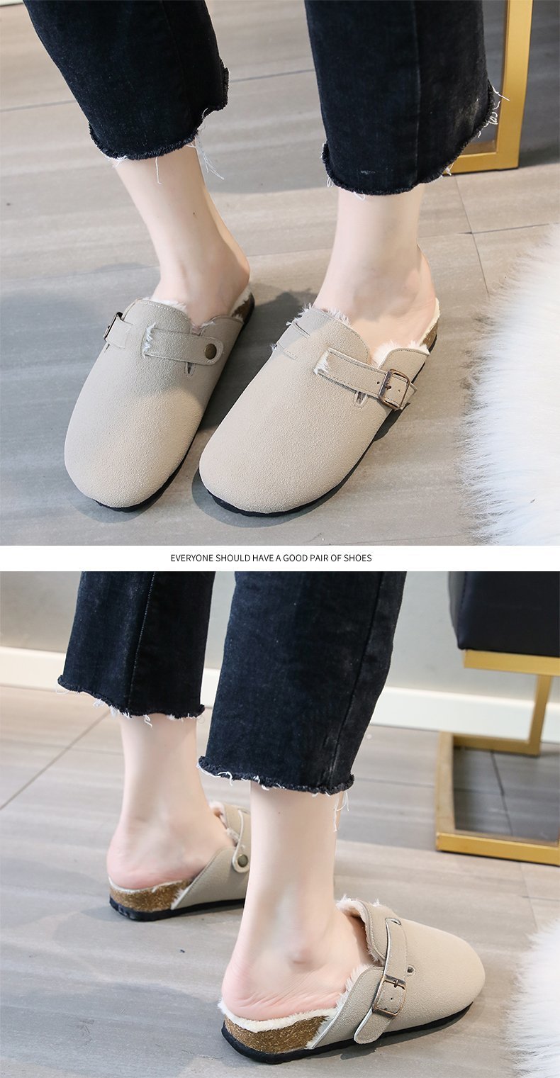 womens buckle strap detailed mules casual slip on plush lined shoes comfortable flat winter shoes details 2