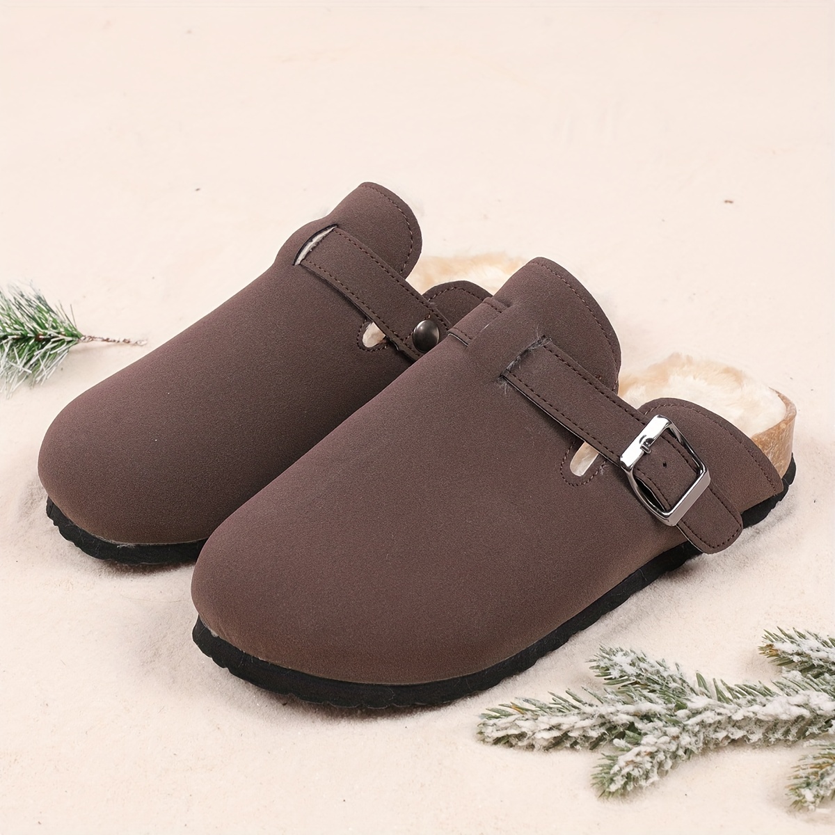 womens buckle strap detailed mules casual slip on plush lined shoes comfortable flat winter shoes details 4