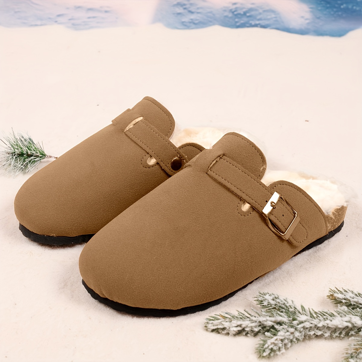 womens buckle strap detailed mules casual slip on plush lined shoes comfortable flat winter shoes details 5