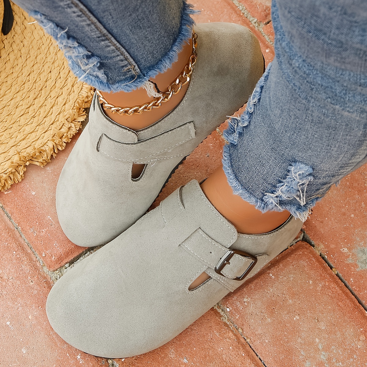 womens solid color flat mules round toe low top wear resistant non slip ankle buckle shoes casual outdoor shoes details 2