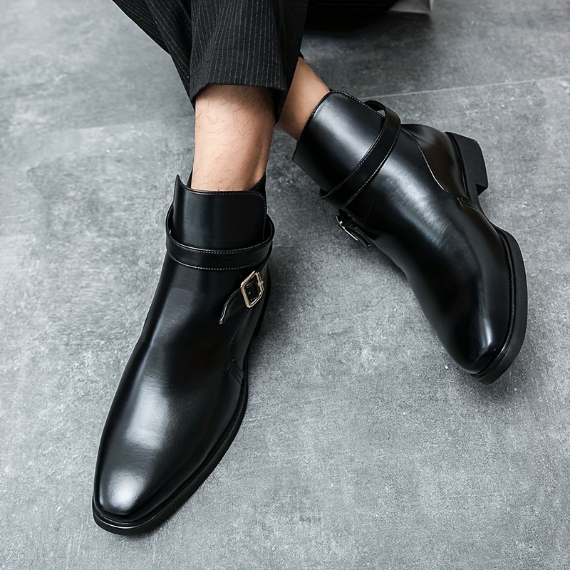Men s Solid Color High Top Chelsea Boots With Buckle Straps, Comfy Non Slip Durable Rubber Sole Walking Shoes, Men s Footwear details 0
