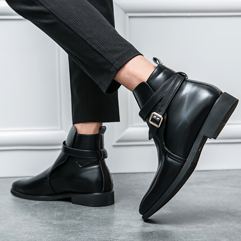 Men s Solid Color High Top Chelsea Boots With Buckle Straps, Comfy Non Slip Durable Rubber Sole Walking Shoes, Men s Footwear details 2