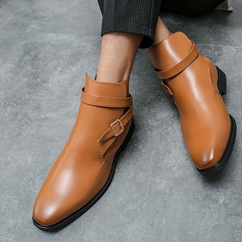 Men s Solid Color High Top Chelsea Boots With Buckle Straps, Comfy Non Slip Durable Rubber Sole Walking Shoes, Men s Footwear details 6