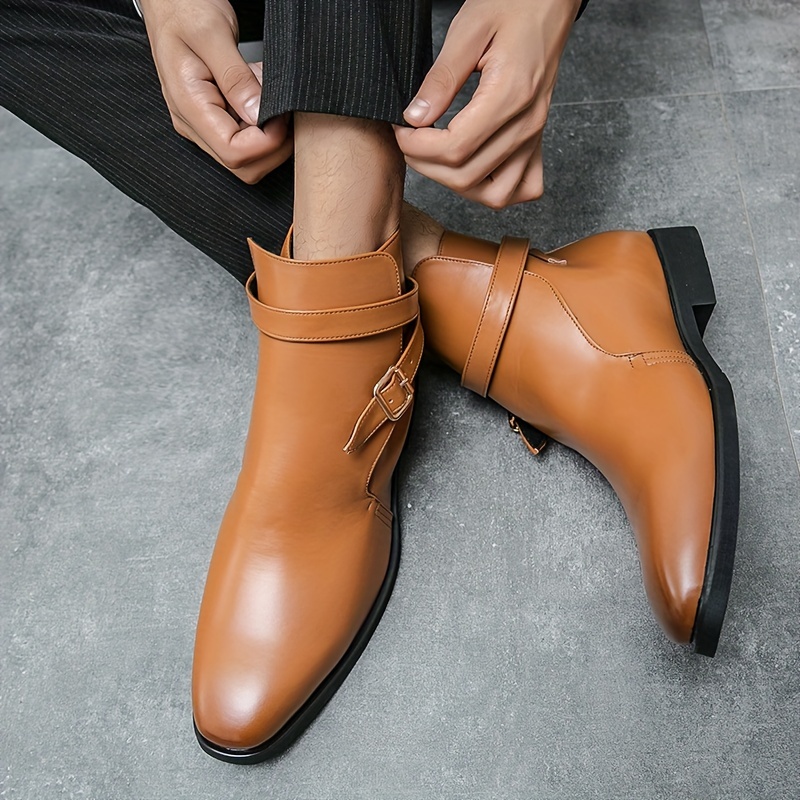 Men s Solid Color High Top Chelsea Boots With Buckle Straps, Comfy Non Slip Durable Rubber Sole Walking Shoes, Men s Footwear details 7