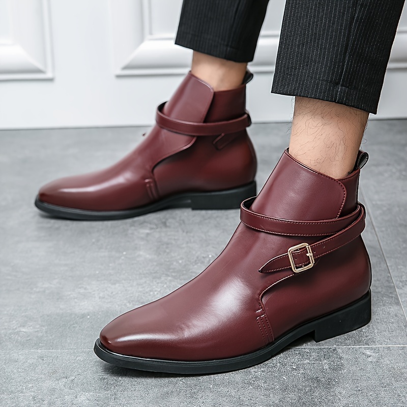 Men s Solid Color High Top Chelsea Boots With Buckle Straps, Comfy Non Slip Durable Rubber Sole Walking Shoes, Men s Footwear details 14