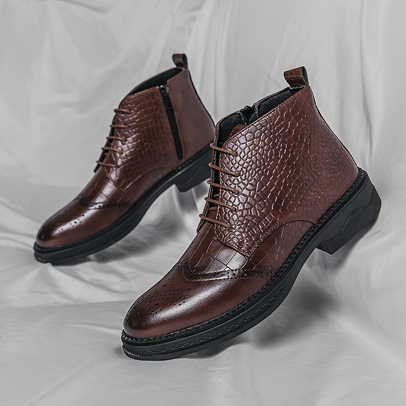 Men s Solid Color Vintage Wingtip Brogue Toe High Top Derby Boots, Comfy Non Slip Rubber Sole Durable Walking Shoes, Men s Footwear details 6