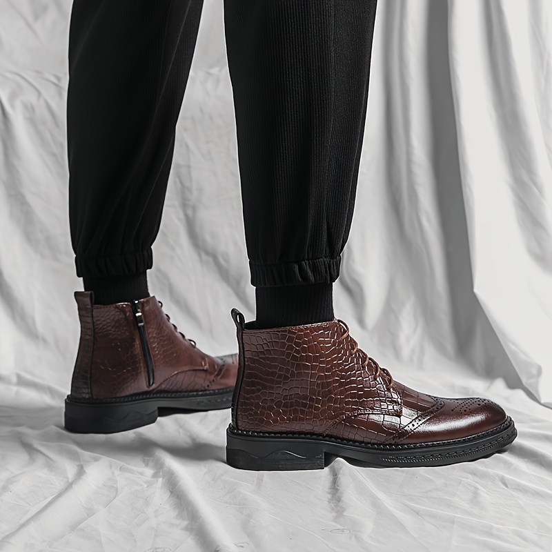 Men s Solid Color Vintage Wingtip Brogue Toe High Top Derby Boots, Comfy Non Slip Rubber Sole Durable Walking Shoes, Men s Footwear details 8