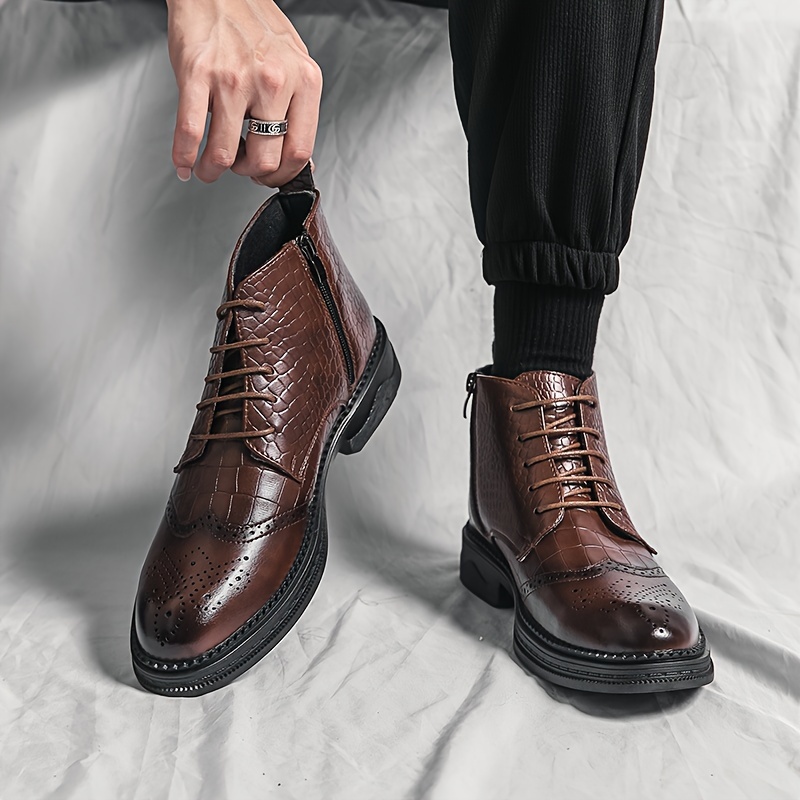 Men s Solid Color Vintage Wingtip Brogue Toe High Top Derby Boots, Comfy Non Slip Rubber Sole Durable Walking Shoes, Men s Footwear details 10