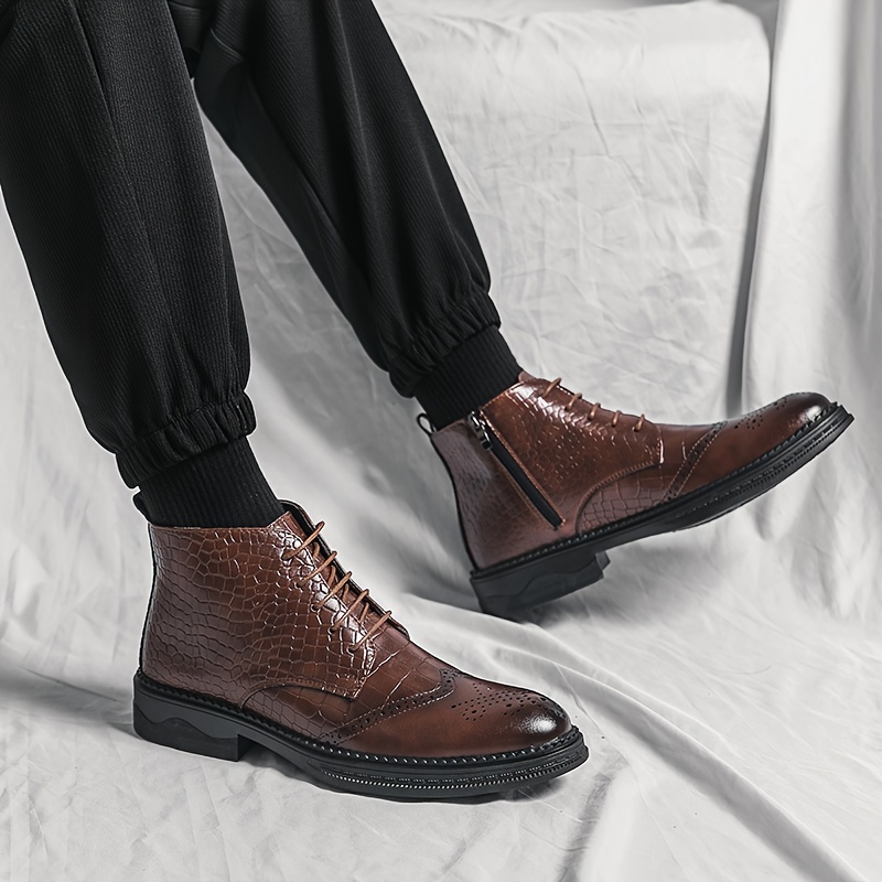 Men s Solid Color Vintage Wingtip Brogue Toe High Top Derby Boots, Comfy Non Slip Rubber Sole Durable Walking Shoes, Men s Footwear details 11