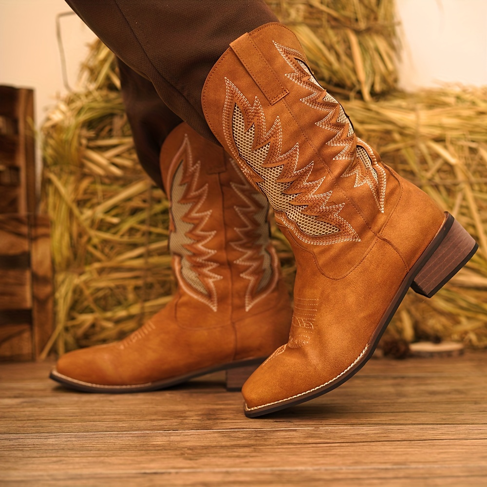 Plus Size Men s Vintage Retro Embroidered Slip On Knee High Top Cowboy Boots, Comfy Non Slip Casual Durable Rubber Sole Riding Shoes, Men s Footwear details 1