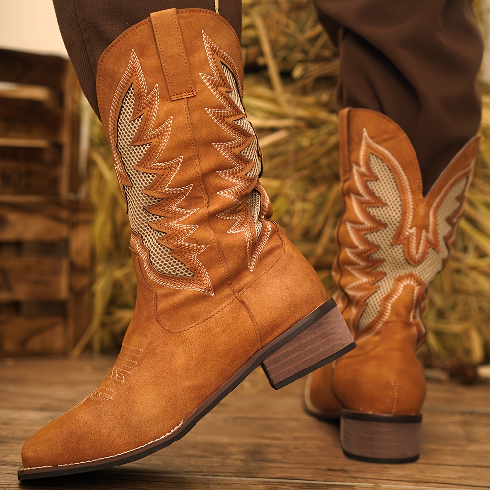 Plus Size Men s Vintage Retro Embroidered Slip On Knee High Top Cowboy Boots, Comfy Non Slip Casual Durable Rubber Sole Riding Shoes, Men s Footwear details 3