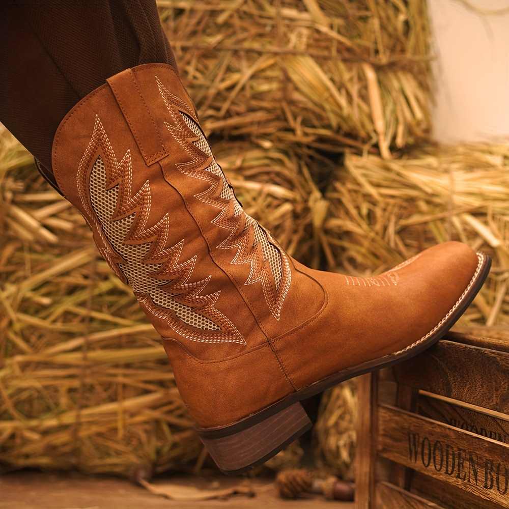 Plus Size Men s Vintage Retro Embroidered Slip On Knee High Top Cowboy Boots, Comfy Non Slip Casual Durable Rubber Sole Riding Shoes, Men s Footwear details 4