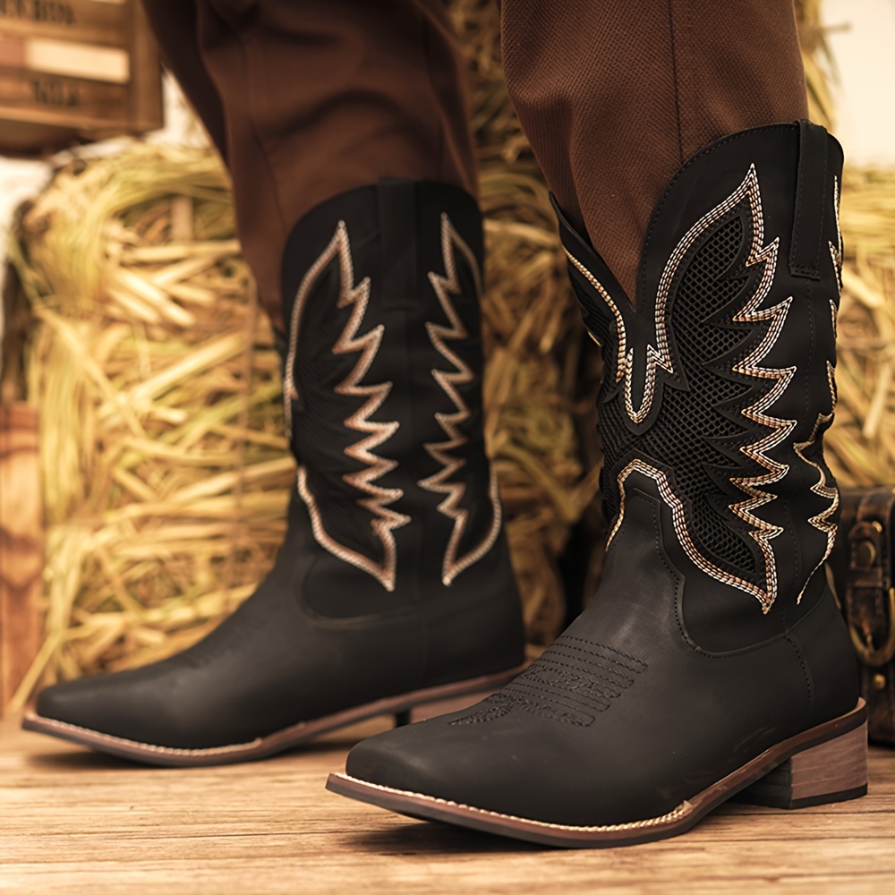Plus Size Men s Vintage Retro Embroidered Slip On Knee High Top Cowboy Boots, Comfy Non Slip Casual Durable Rubber Sole Riding Shoes, Men s Footwear details 10