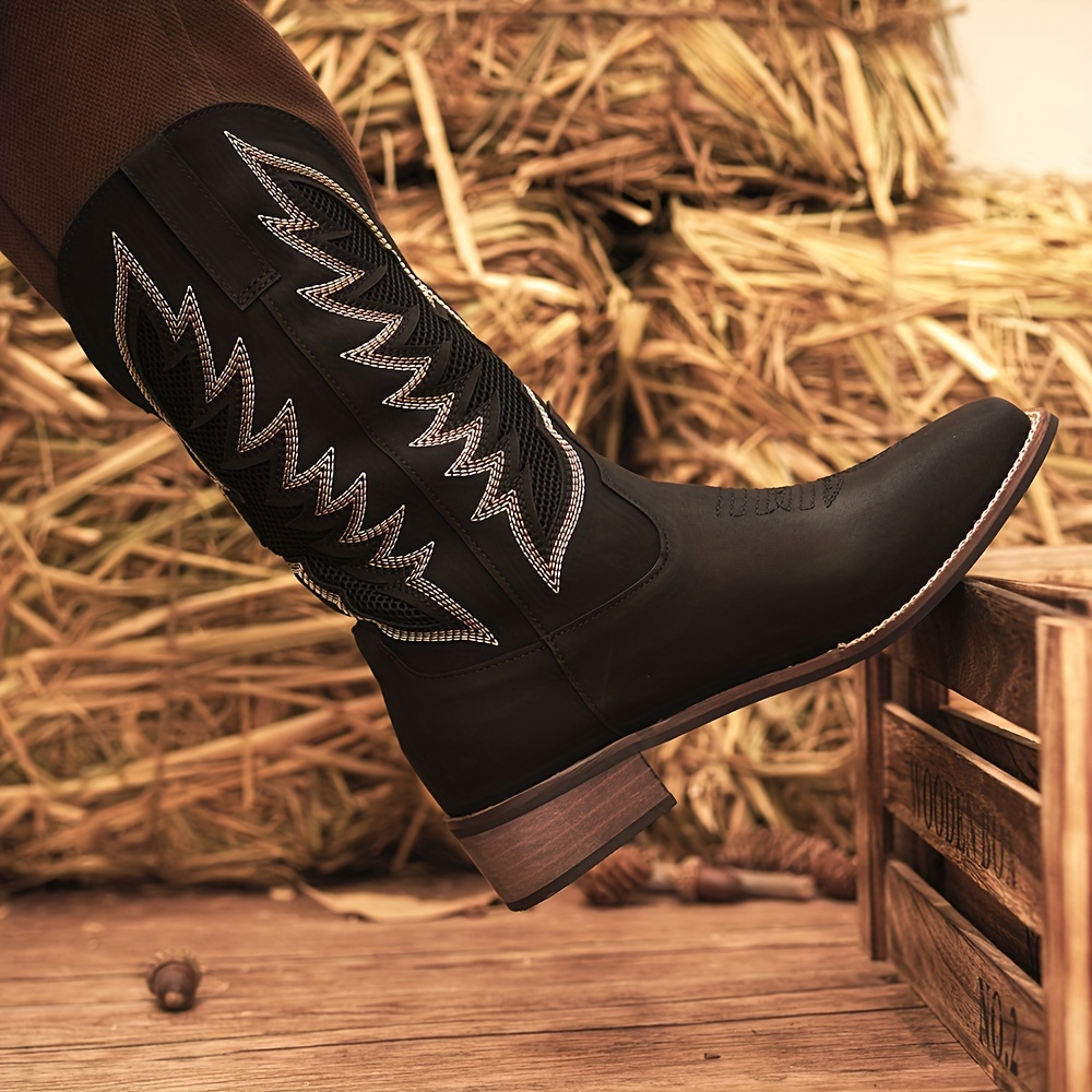 Plus Size Men s Vintage Retro Embroidered Slip On Knee High Top Cowboy Boots, Comfy Non Slip Casual Durable Rubber Sole Riding Shoes, Men s Footwear details 11